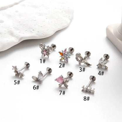 1 Piece Simple Style Heart Shape Flower Bow Knot Inlay Titanium Alloy Zircon Ear Studs