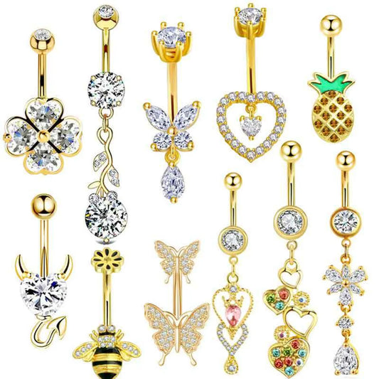 1 Piece Simple Style Heart Shape Pineapple Butterfly Plating Inlay Stainless Steel Zircon Navel Stud