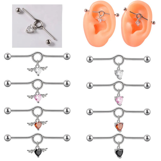 1 Piece Simple Style Heart Shape Wings Polishing Inlay Stainless Steel Zircon Ear Studs