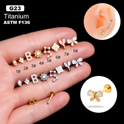 1 Piece Simple Style Korean Style Flower Butterfly Plating Inlay Titanium Alloy Zircon 18k Gold Plated Lip Stud Ear Studs