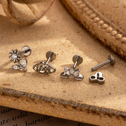 1 Piece Simple Style Korean Style Flower Plating Inlay Titanium Alloy Zircon 18k Gold Plated Lip Stud Ear Studs