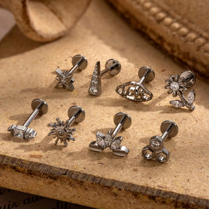 1 Piece Simple Style Korean Style Flower Plating Inlay Titanium Alloy Zircon 18k Gold Plated Lip Stud Ear Studs