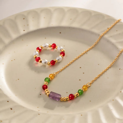 Wholesale Simple Style Multicolor Stainless Steel Beaded 18k Gold Plated Necklace