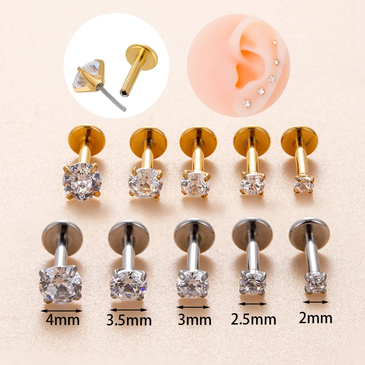 1 Piece Simple Style Round Plating Inlay Stainless Steel Zircon 18k Gold Plated Ear Studs