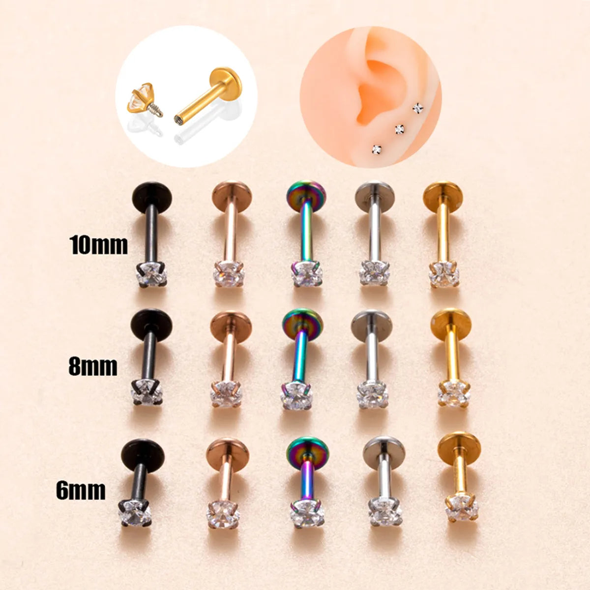 1 Piece Ear Cartilage Rings & Studs Simple Style Round 316 Stainless Steel  Plating Inlay Zircon