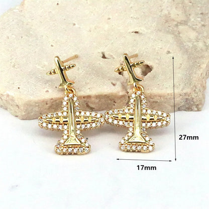 1 Piece Simple Style Shiny Airplane Plating Inlay Copper Zircon 18k Gold Plated Drop Earrings