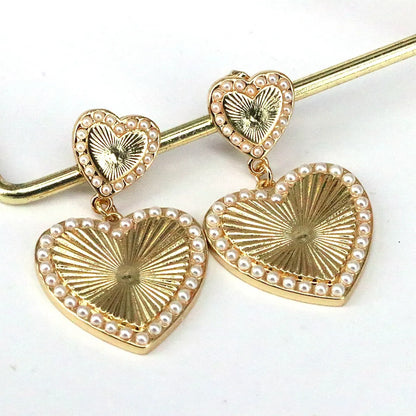 1 Piece Simple Style Shiny Heart Shape Plating Inlay Copper Pearl 18k Gold Plated Drop Earrings