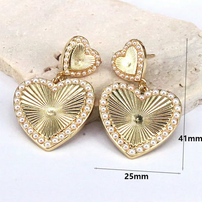 1 Piece Simple Style Shiny Heart Shape Plating Inlay Copper Pearl 18k Gold Plated Drop Earrings