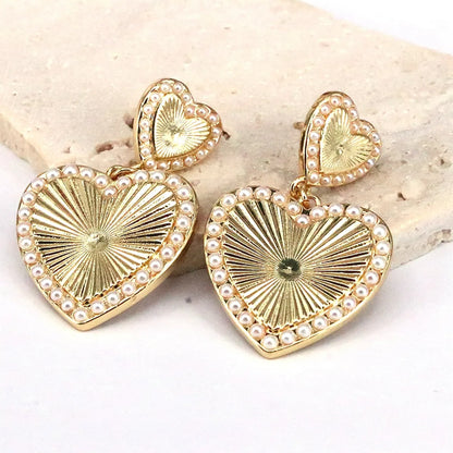 1 Piece Simple Style Shiny Heart Shape Plating Inlay Copper Pearl 18k Gold Plated Drop Earrings