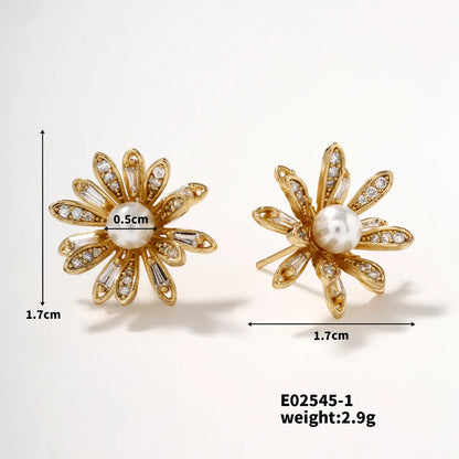 1 Piece Simple Style Shiny Solid Color Inlay Copper Pearl Zircon K Gold Plated Ear Studs