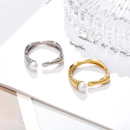 1 Piece Simple Style Solid Color Titanium Steel Plating Inlay Pearl Rings