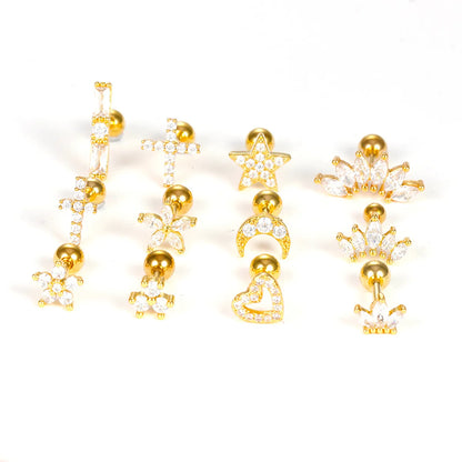 1 Piece Simple Style Star Heart Shape Crown Plating Inlay Stainless Steel Zircon Ear Studs