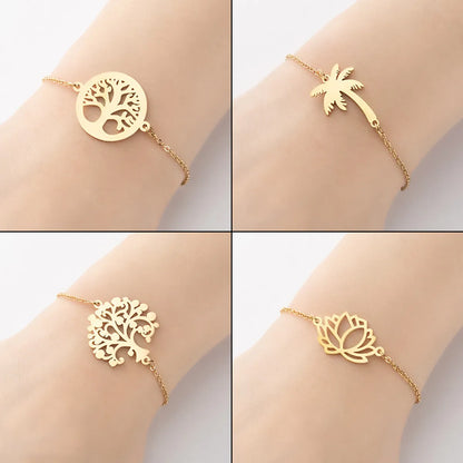 1 Piece Simple Style Tree Coconut Tree Lotus Stainless Steel Plating Hollow Out Bracelets