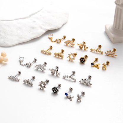 1 Piece Ear Cartilage Rings & Studs Simple Style Water Droplets Flower Snake Pure Titanium Copper Inlay Zircon