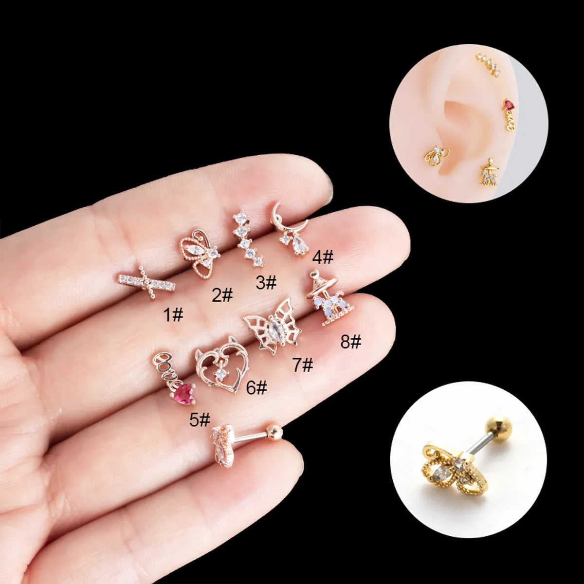 1 Piece Streetwear Heart Shape Butterfly Plating Inlay Stainless Steel Zircon Ear Studs