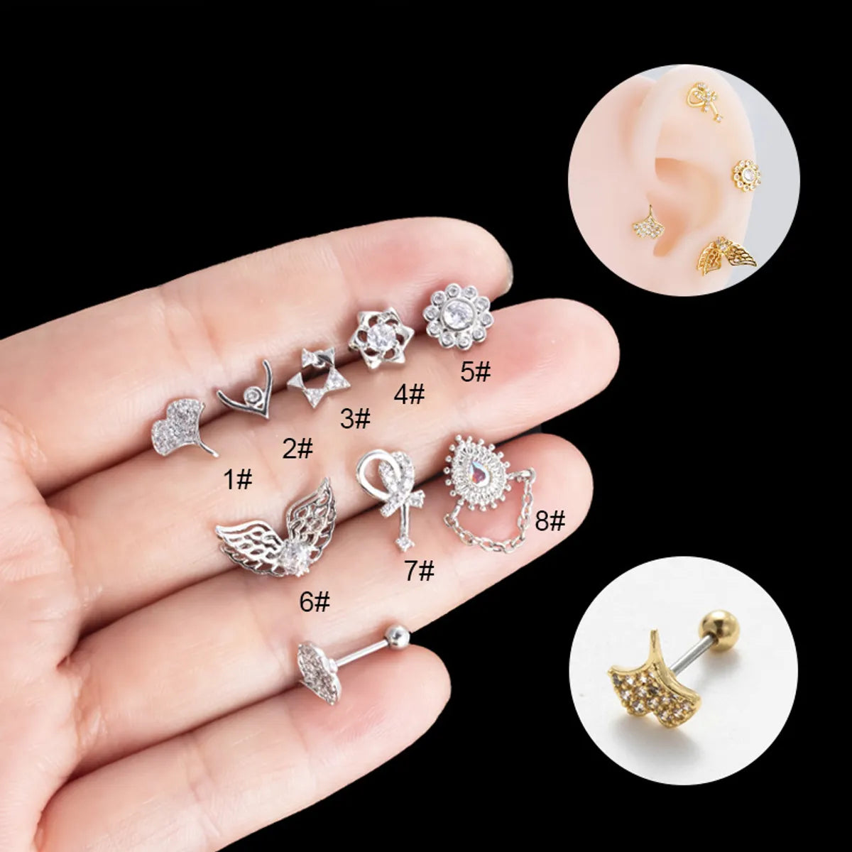 1 Piece Streetwear Heart Shape Wings Plating Inlay Stainless Steel Zircon Ear Studs