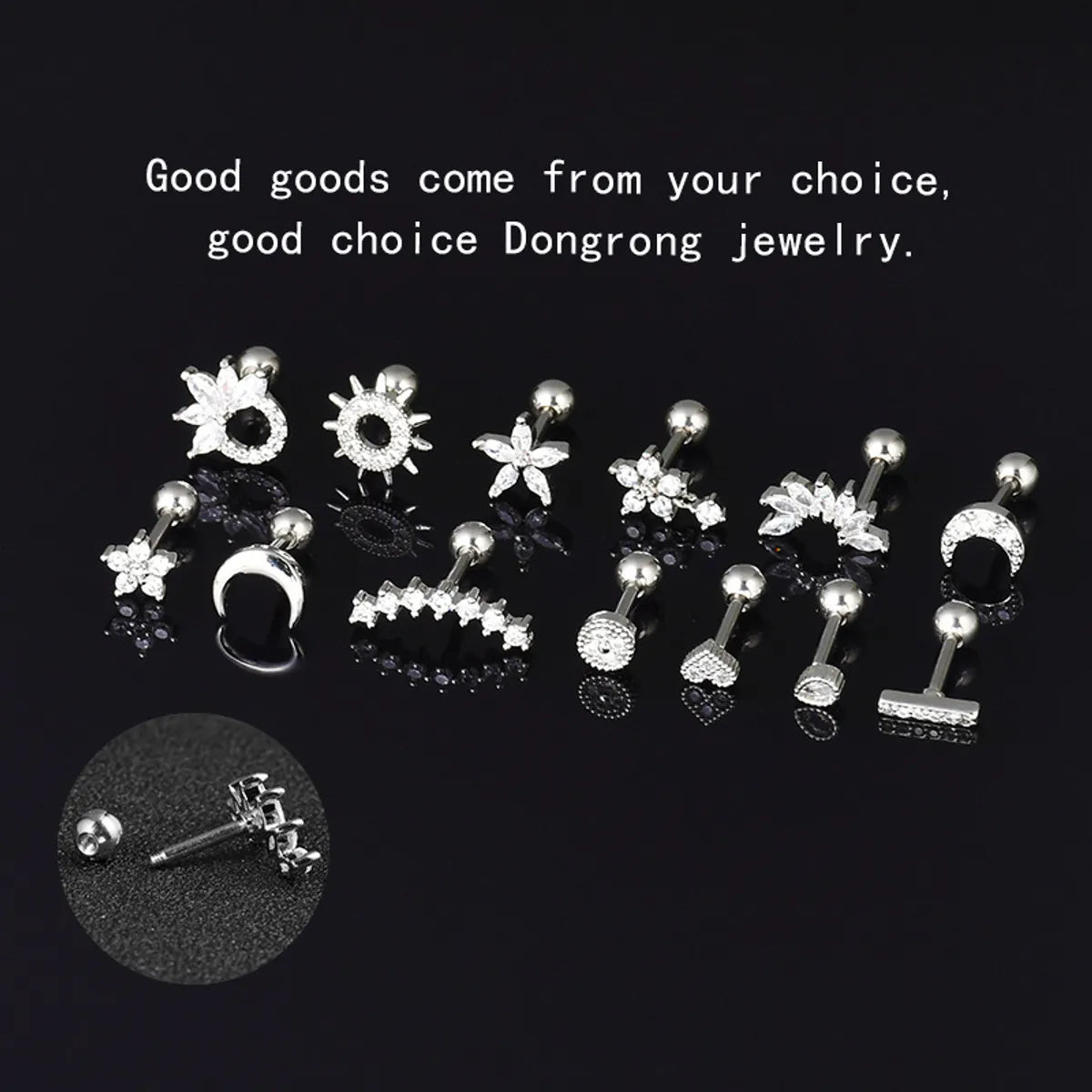 1 Piece Streetwear Moon Heart Shape Flower Plating Inlay Stainless Steel Copper Zircon Ear Studs