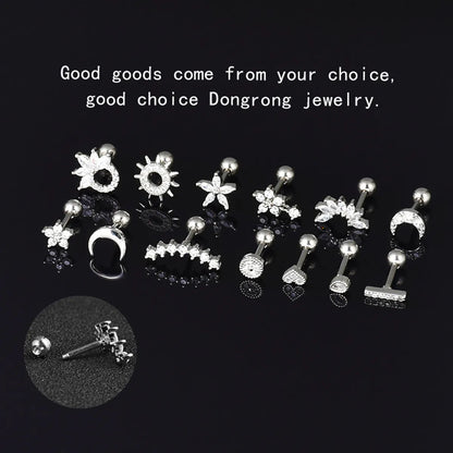 1 Piece Streetwear Moon Heart Shape Flower Plating Inlay Stainless Steel Copper Zircon Ear Studs