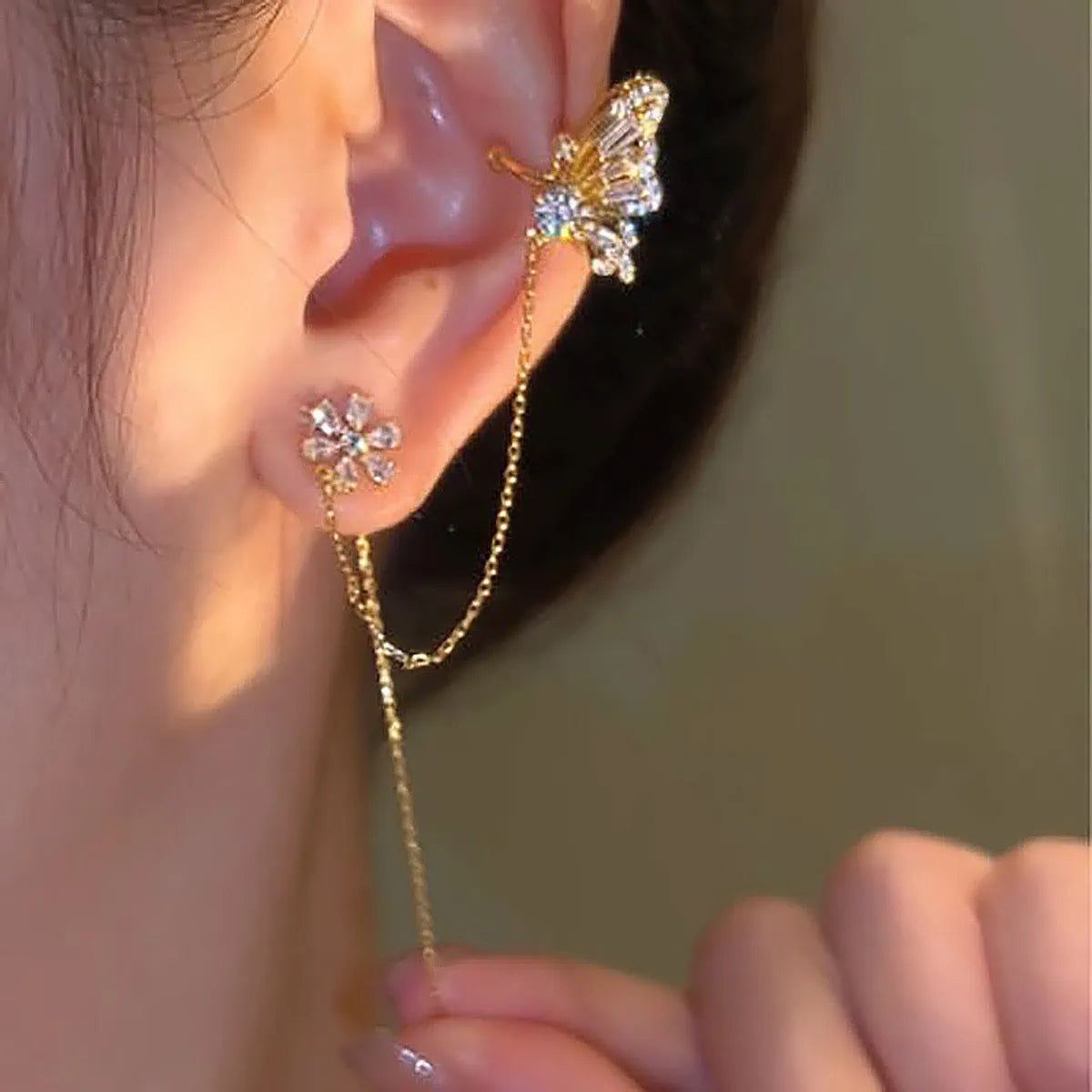 1 Piece Sweet Butterfly Tassel Plating Inlay Copper Zircon Ear Clip