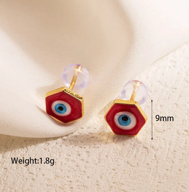 1 Piece Sweet Devil's Eye Enamel Inlay Copper Shell Pearls Zircon 18K Gold Plated Ear Studs