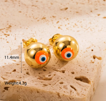 1 Piece Sweet Devil's Eye Enamel Inlay Copper Shell Pearls Zircon 18K Gold Plated Ear Studs