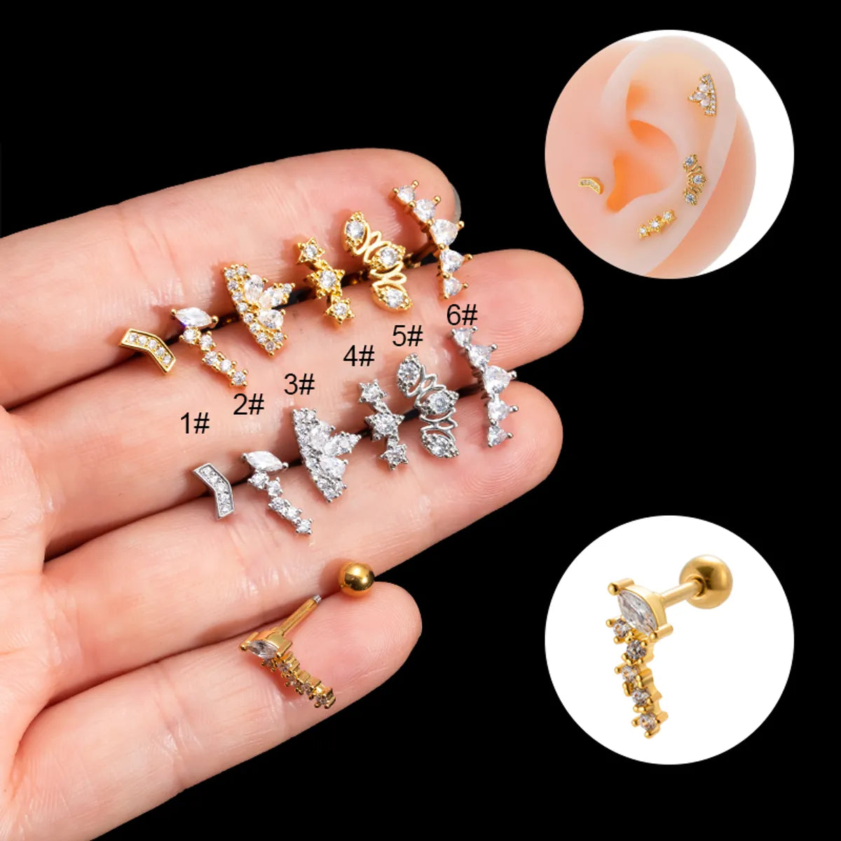 1 Piece Sweet Heart Shape Crown Plating Inlay Stainless Steel Zircon 18k Gold Plated Ear Studs