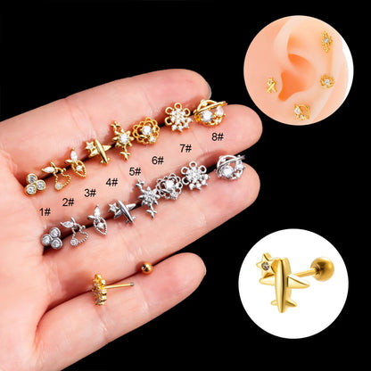 1 Piece Sweet Heart Shape Flower Airplane Plating Inlay Stainless Steel Zircon 18k Gold Plated Ear Studs