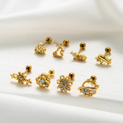 1 Piece Sweet Heart Shape Flower Airplane Plating Inlay Stainless Steel Zircon 18k Gold Plated Ear Studs