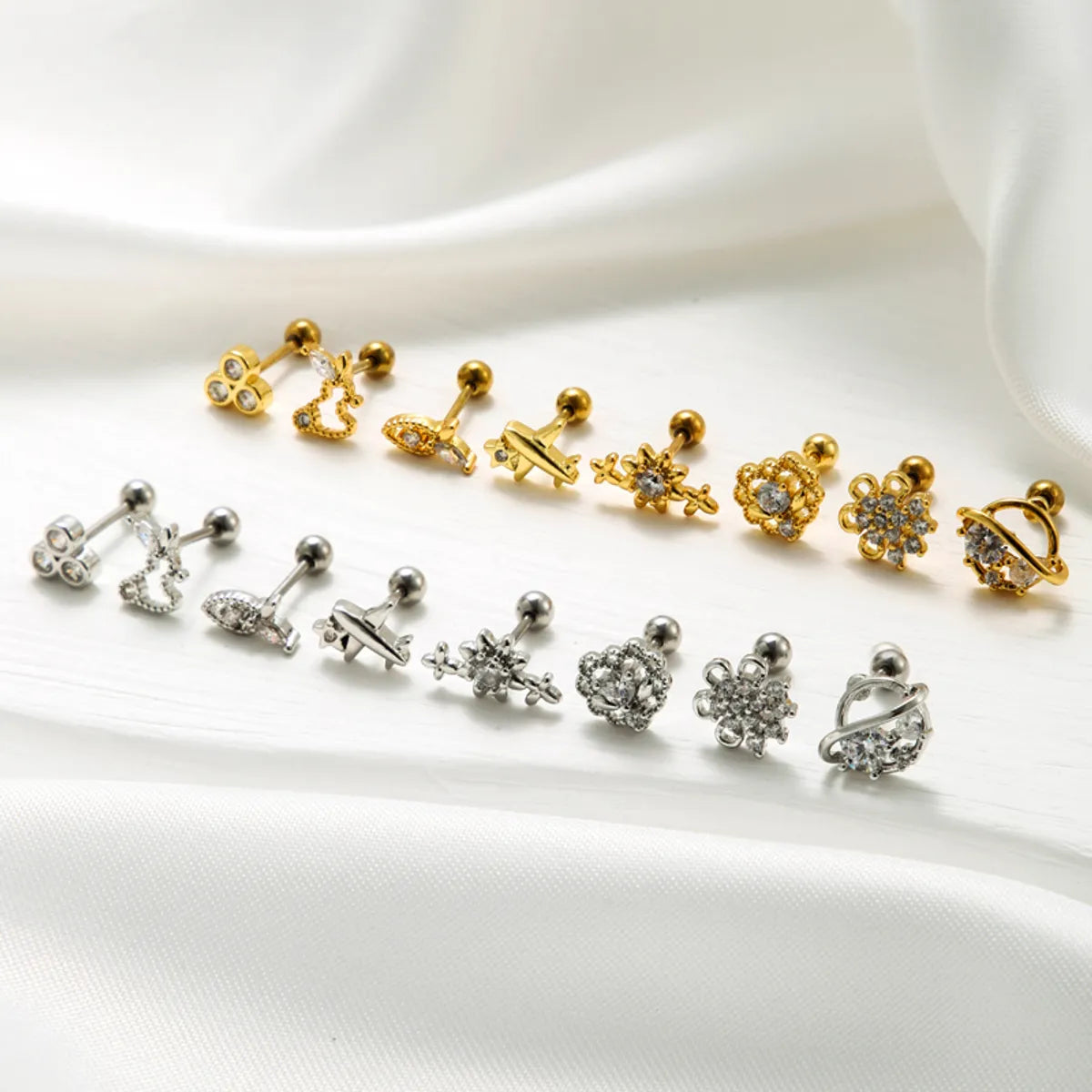 1 Piece Sweet Heart Shape Flower Airplane Plating Inlay Stainless Steel Zircon 18k Gold Plated Ear Studs