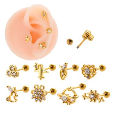 1 Piece Sweet Heart Shape Flower Airplane Plating Inlay Stainless Steel Zircon 18k Gold Plated Ear Studs