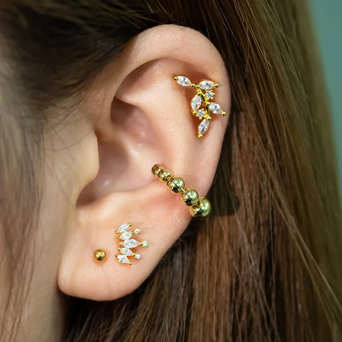 1 Piece Ear Cartilage Rings & Studs Sweet Leaf Crown Copper Plating Inlay Zircon