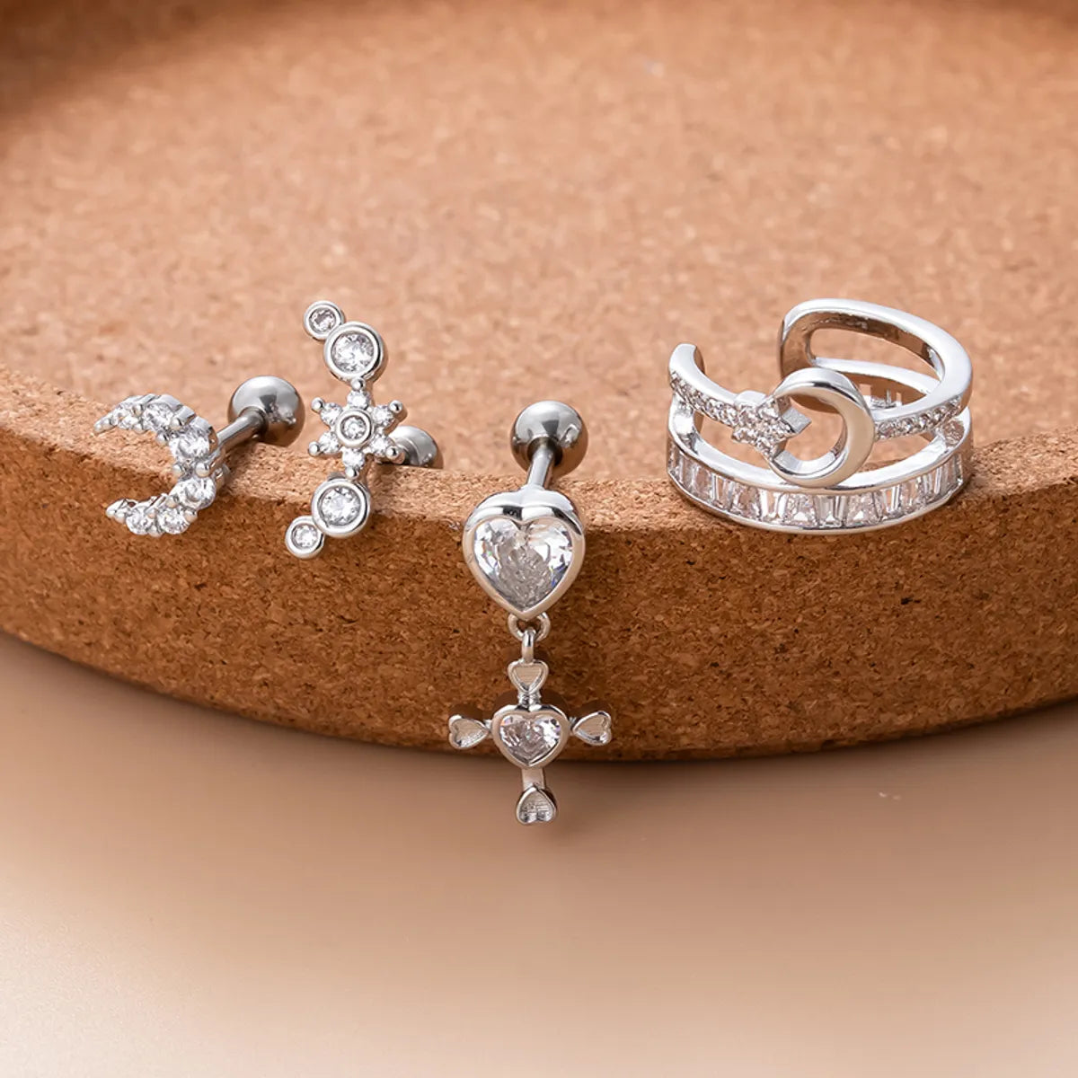 1 Piece Sweet Moon Heart Shape Flower Plating Inlay Stainless Steel Zircon 18k Gold Plated Ear Studs