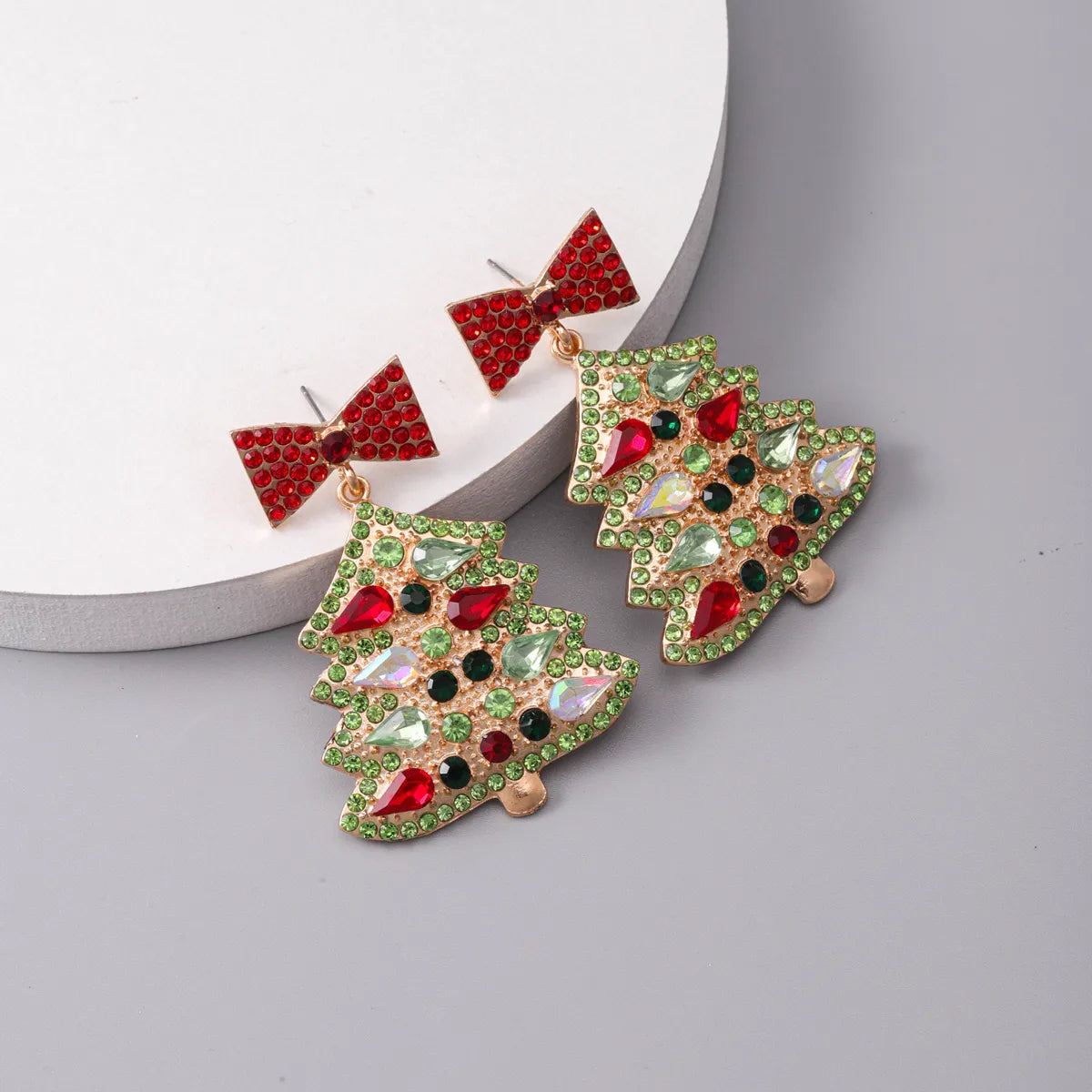 1 Piece Sweet Shiny Christmas Tree Bow Knot Plating Inlay Alloy Resin Glass Gold Plated Drop Earrings