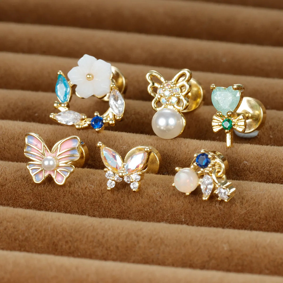 1 Piece Sweet Shiny Heart Shape Flower Butterfly Plating Inlay Stainless Steel Glass Pearl Zircon Cartilage Earrings