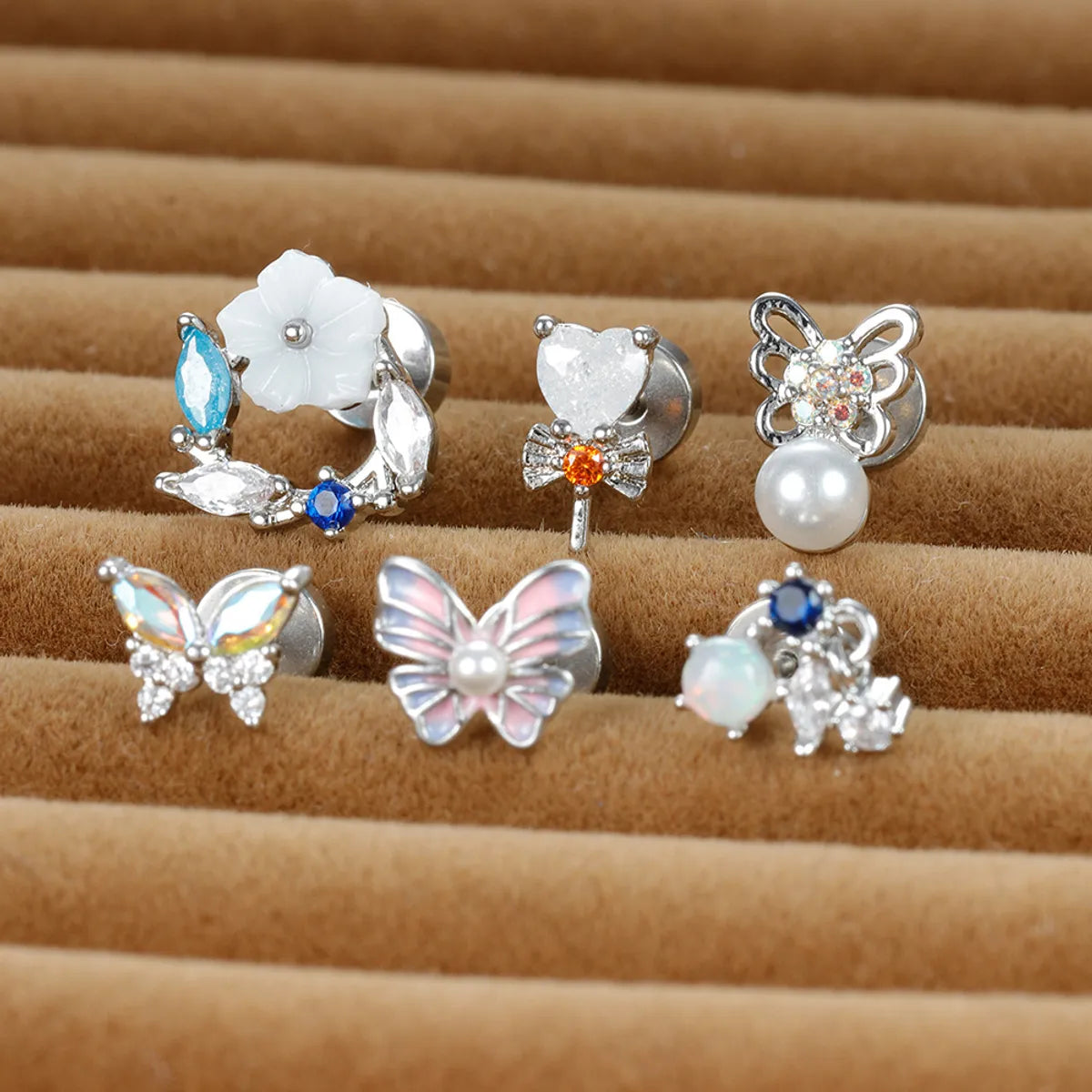 1 Piece Sweet Shiny Heart Shape Flower Butterfly Plating Inlay Stainless Steel Glass Pearl Zircon Cartilage Earrings