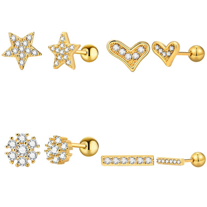 1 Piece Sweet Shiny Star Heart Shape Flower Inlay 201 Stainless Steel Zircon 18K Gold Plated Ear Studs