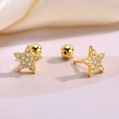 1 Piece Sweet Shiny Star Heart Shape Flower Inlay 201 Stainless Steel Zircon 18K Gold Plated Ear Studs