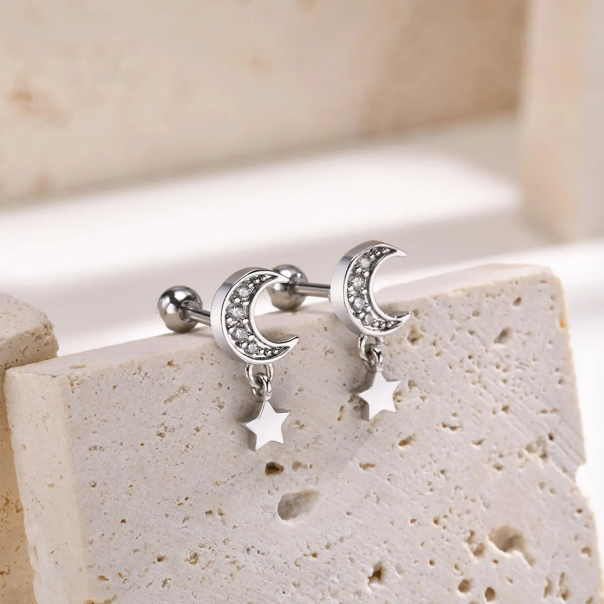 1 Piece Sweet Simple Style Triangle Star Moon Inlay Stainless Steel Zircon Ear Studs