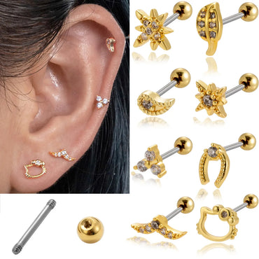 1 Piece Ear Cartilage Rings & Studs Vintage Style French Style Simple Style Hexagram Leaves 316 Stainless Steel  Copper Plating Inlay Zircon