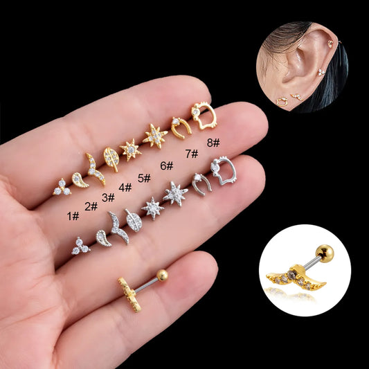 1 Piece Ear Cartilage Rings & Studs Vintage Style French Style Simple Style Hexagram Leaves 316 Stainless Steel  Copper Plating Inlay Zircon