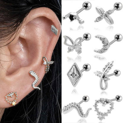 1 Piece Ear Cartilage Rings & Studs Vintage Style French Style Simple Style Moon Heart Shape Butterfly 316 Stainless Steel  Copper Plating Inlay Zircon