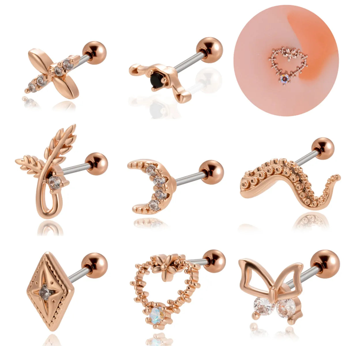 1 Piece Ear Cartilage Rings & Studs Vintage Style French Style Simple Style Moon Heart Shape Butterfly 316 Stainless Steel  Copper Plating Inlay Zircon