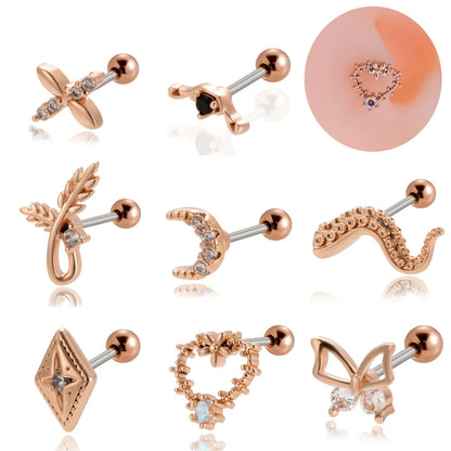 1 Piece Ear Cartilage Rings & Studs Vintage Style French Style Simple Style Moon Heart Shape Butterfly 316 Stainless Steel  Copper Plating Inlay Zircon