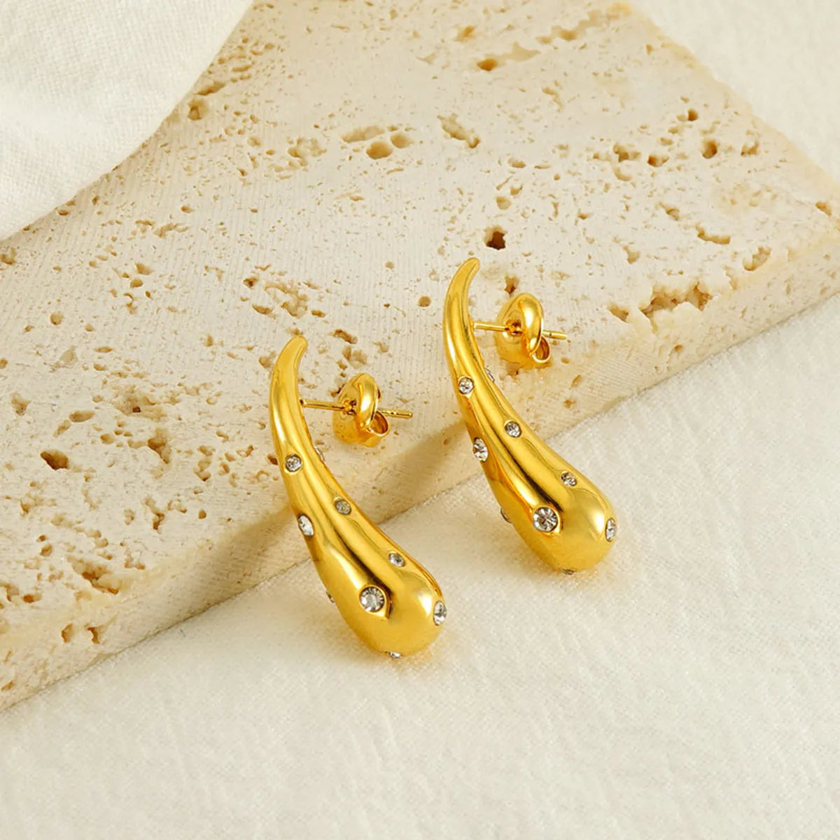 1 Piece Vintage Style Water Droplets Polishing Plating Inlay Stainless Steel Rhinestones 18k Gold Plated Ear Studs