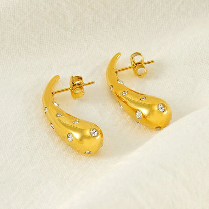 1 Piece Vintage Style Water Droplets Polishing Plating Inlay Stainless Steel Rhinestones 18k Gold Plated Ear Studs