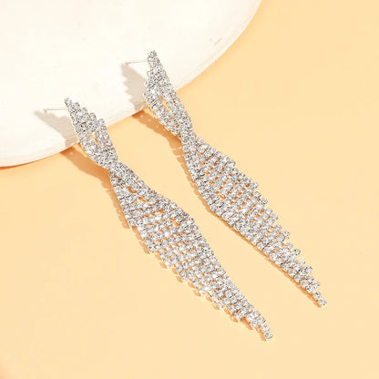 1 Piece Wedding Shiny Tassel Solid Color Inlay Brass Rhinestones Silver Plated Drop Earrings