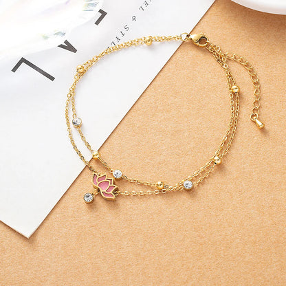 Y2k Hawaiian Beach Lotus Stainless Steel Layered Artificial Gemstones 18k Gold Plated Platinum Plated Women's Anklet