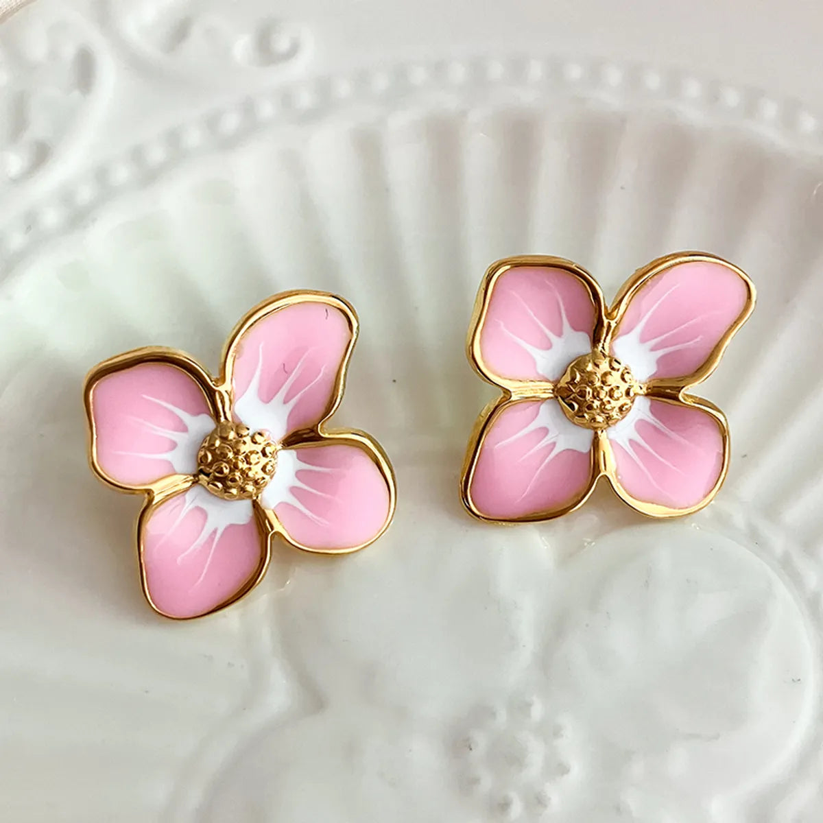 1 Set 1 Pair Elegant Lady Footprint Flower Enamel Plating 304 Stainless Steel 14K Gold Plated Ear Studs