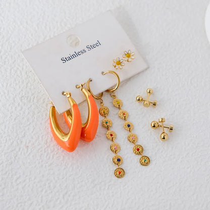 1 Set 1 Pair IG Style Sweet U Shape Crown Flower Tassel Enamel 304 Stainless Steel 14K Gold Plated Hoop Earrings Drop Earrings Ear Studs