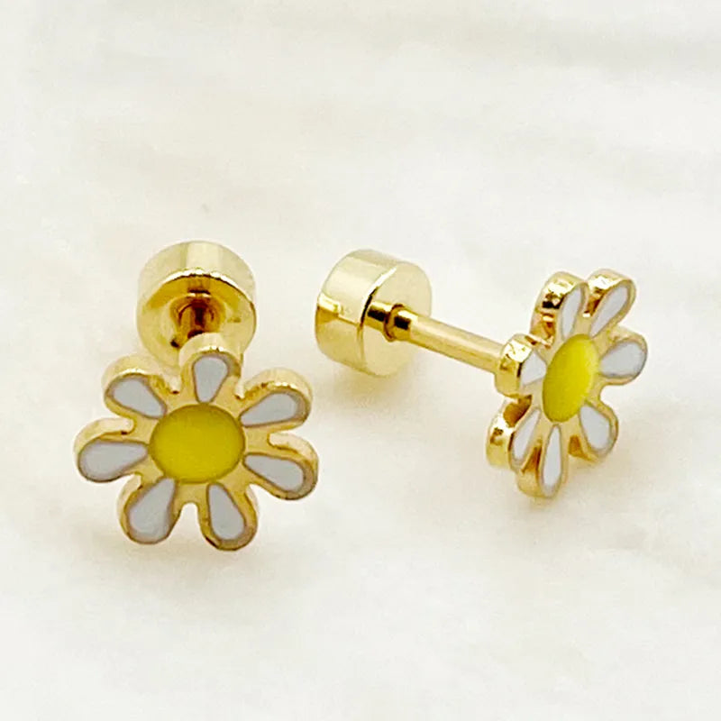 1 Set 1 Pair IG Style Sweet U Shape Crown Flower Tassel Enamel 304 Stainless Steel 14K Gold Plated Hoop Earrings Drop Earrings Ear Studs